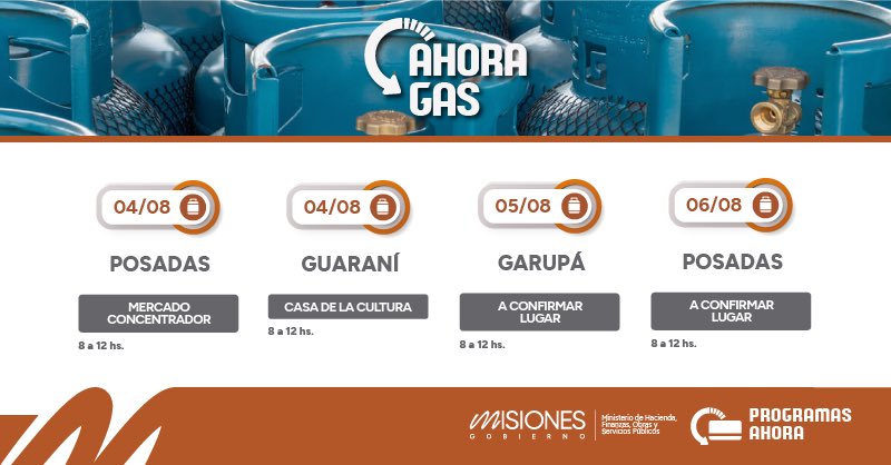 adolfosafran's tweet photo. #AhoraGas #Misiones
DURANTE AGOSTO EL PROGRAMA AHORA GAS CONTINÚA RECORRIENDO LA PROVINCIA
El programa Ahora Gas continúa realizando operativos que todas las semanas acercan a distintas localidades la posibilidad de realizar recargas de garrafas de GLP de 10 kg a $20.000, un precio muy inferior al valor en estaciones de servicio, comercios y cooperativas, en donde los valores rondan entre $25.000 y $30.000, mientras que en otros comercios se vende a precios todavía mayores.
Durante agosto, el Ahora Gas recorrerá las localidades de Posadas (4/8); Guaraní (4/8); Garupá (5/8); Posadas (6 y 11/8); Puerto Rico (11/8); Capioví (12/8); Jardín América (13/8); Posadas (18/8); San José (19/8); Apóstoles (20/8); Azara (21/8); Posadas (25/8); general Urquiza (25/8); Puerto Esperanza (26/8); Wanda (27/8) y Puerto Libertad (28/8)
El programa Ahora Gas, que fue creado en el año 2018 durante el primer mandato de Hugo Passalacqua, continúa acercando este beneficio al que acceden familias de toda la provincia; una herramienta que fortalece el acceso a un servicio esencial y cobra mucha relevancia si además tenemos en cuenta que Misiones es la única provincia del país que todavía no cuenta con acceso a la Red de Gas Natural en ninguna de sus localidades.