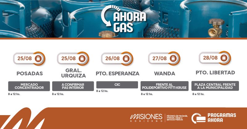 adolfosafran's tweet photo. #AhoraGas #Misiones
DURANTE AGOSTO EL PROGRAMA AHORA GAS CONTINÚA RECORRIENDO LA PROVINCIA
El programa Ahora Gas continúa realizando operativos que todas las semanas acercan a distintas localidades la posibilidad de realizar recargas de garrafas de GLP de 10 kg a $20.000, un precio muy inferior al valor en estaciones de servicio, comercios y cooperativas, en donde los valores rondan entre $25.000 y $30.000, mientras que en otros comercios se vende a precios todavía mayores.
Durante agosto, el Ahora Gas recorrerá las localidades de Posadas (4/8); Guaraní (4/8); Garupá (5/8); Posadas (6 y 11/8); Puerto Rico (11/8); Capioví (12/8); Jardín América (13/8); Posadas (18/8); San José (19/8); Apóstoles (20/8); Azara (21/8); Posadas (25/8); general Urquiza (25/8); Puerto Esperanza (26/8); Wanda (27/8) y Puerto Libertad (28/8)
El programa Ahora Gas, que fue creado en el año 2018 durante el primer mandato de Hugo Passalacqua, continúa acercando este beneficio al que acceden familias de toda la provincia; una herramienta que fortalece el acceso a un servicio esencial y cobra mucha relevancia si además tenemos en cuenta que Misiones es la única provincia del país que todavía no cuenta con acceso a la Red de Gas Natural en ninguna de sus localidades.