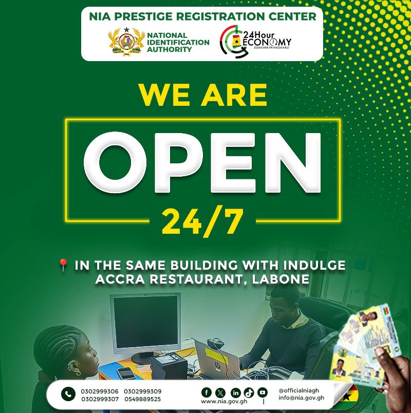 officialNIAGH's tweet photo. OUR PRESTIGE REGISTRATION CENTER IS OPEN 24/7 including Holidays
#IdentityManagement #ghanacard #nationalidentificationauthority #nia #onenationoneghanacard https://t.co/ikcYo1yXPM