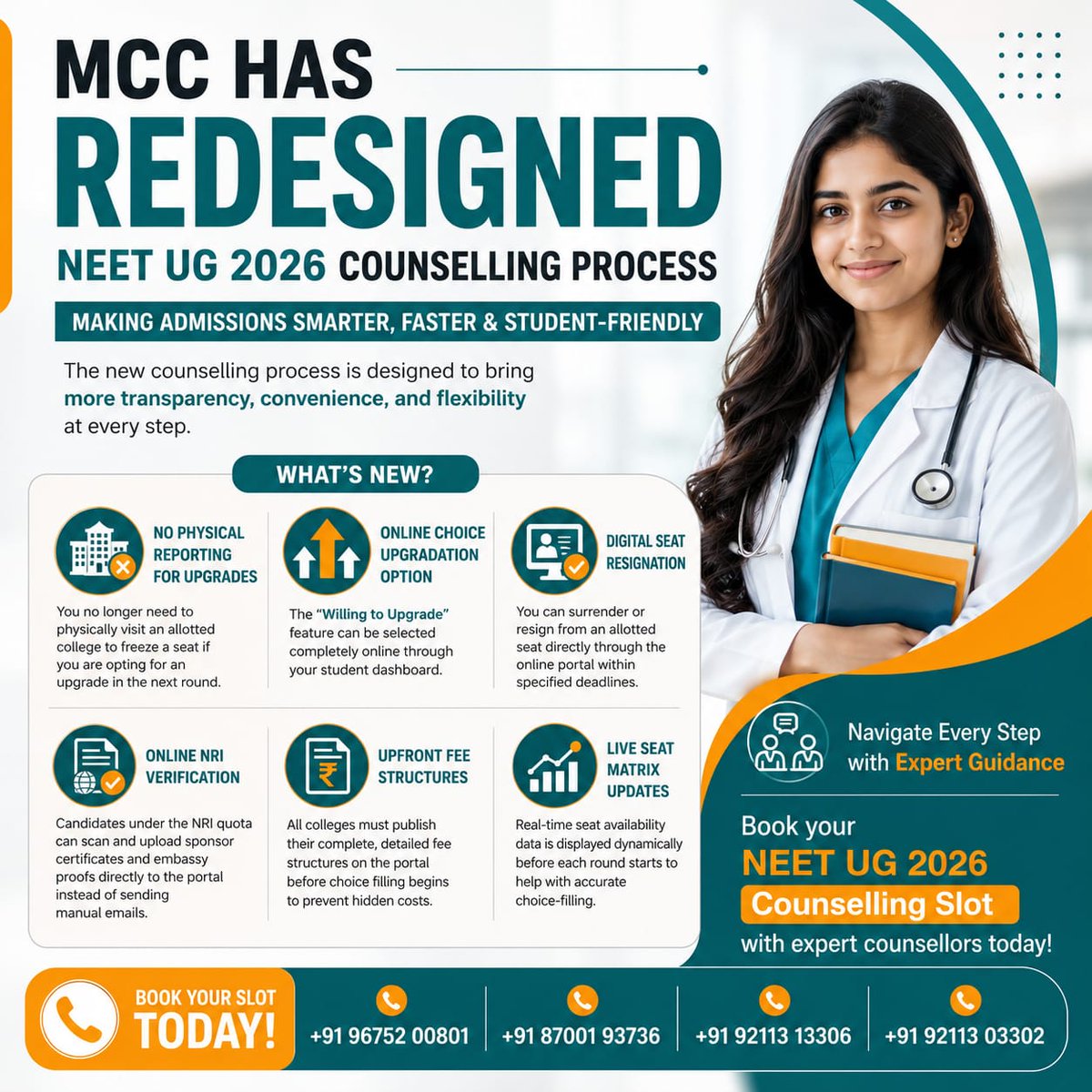 careerxpert's tweet photo. #mccneetugcounselling2026 Update

Check registration dates, choice filling, seat allotment, fees, documents and reporting process before counselling begins.

Expert Counselling Support: https://t.co/7dsMPYkNtv

+91 9675200801
#neetug2026 #mcccounselling2026 #careerxpert https://t.co/YDOTt9Ajmj