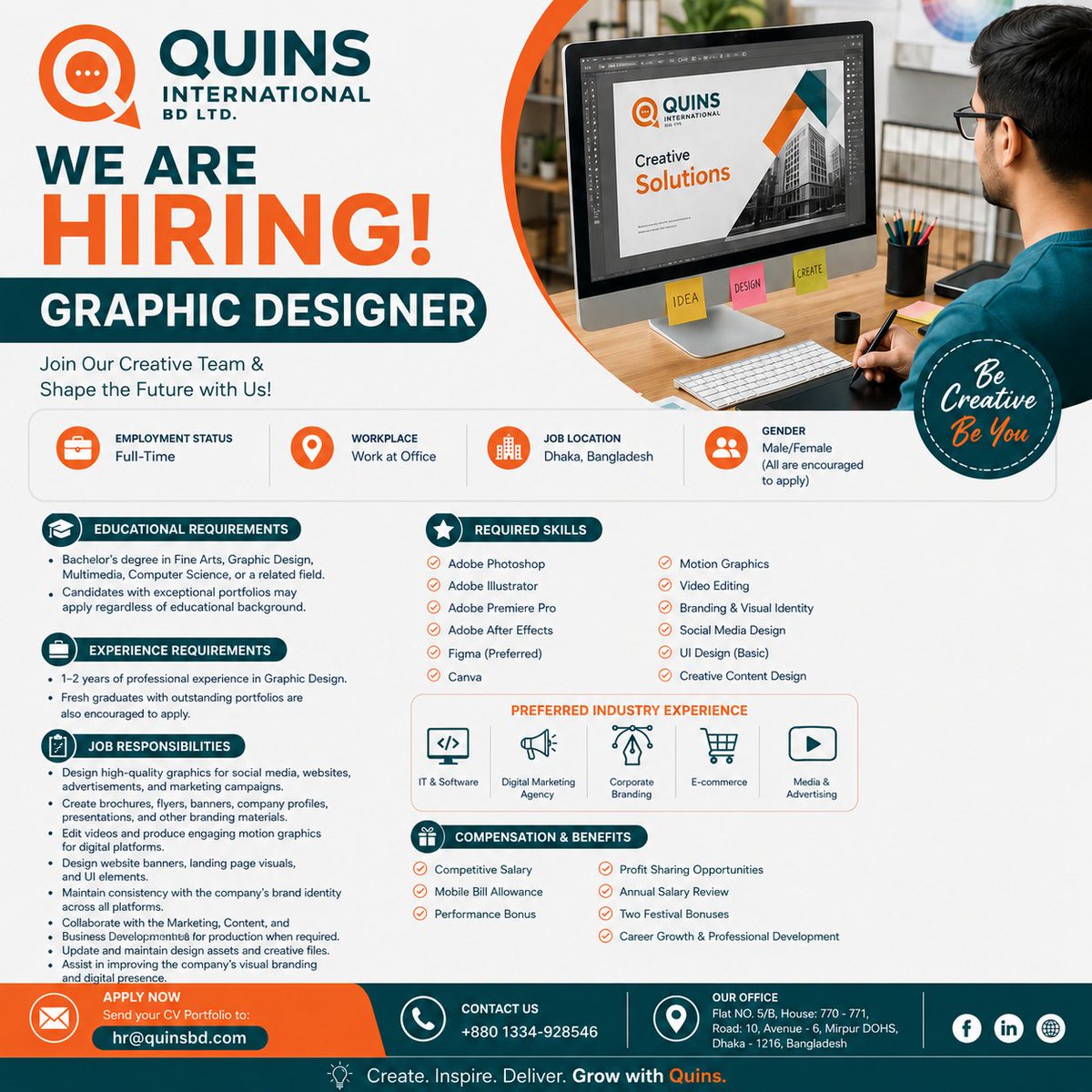 Quinsbd's tweet photo. Job Title: Graphic Designer
Company: Quins International BD Ltd. 
Department: IT

Location: Flat NO. 5/B, House: 770 - 771, Road: 10, Avenue - 6, Mirpur DOHS, Dhaka - 1216, Banglade https://t.co/vFreovnjAh