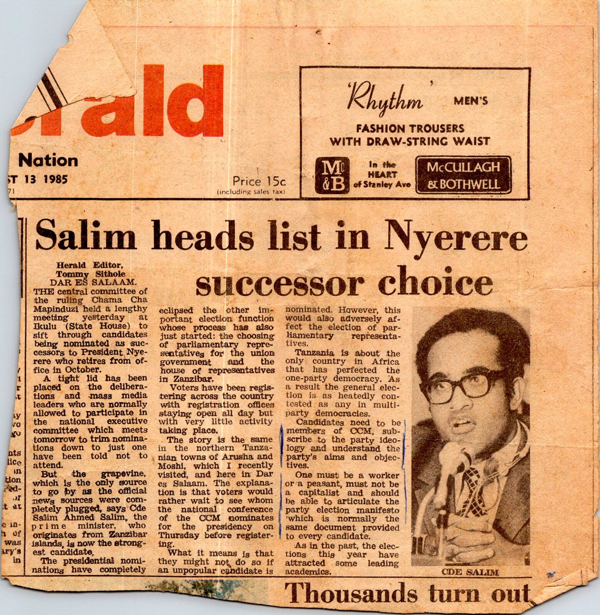 DrSalimArchive's tweet photo. On August 13, 1985 one day after the CCM Central Committee met to discuss who would succeed Julius Nyerere, the world's newspapers had a lead candidate: Dr. Salim Ahmed Salim.

He didn't get the presidency. But this clipping tells you something about the weight of his name - and the size of what Tanzania was carrying as it prepared for its first-ever leadership transition.