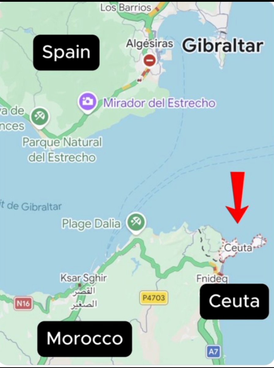 Trimobe33's tweet photo. Ceuta se trouve sur le continent africain partageant frontière avec le Maroc. Vague immigration organisée conjointement par Maroc, Israel et USA pour déstabiliser l'Espagne. L'accord gazier entre Espagne/Algerie n'a pas plu au Maroc. Fascistes européens en profite. https://t.co/qqgKKTqQXO