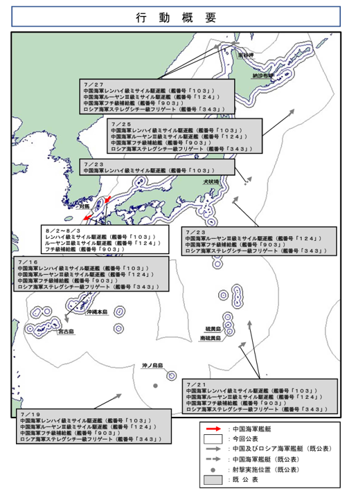 jointstaffpa's tweet photo. 令和８年８月２日から３日にかけて、中国海軍レンハイ級ミサイル駆逐艦、ルーヤンⅢ級ミサイル駆逐艦、フチ級補給艦の計３隻が、対馬海峡を南西進したことを確認しました。
防衛省・自衛隊は、海上自衛隊の第３哨戒防備隊所属「しらたか」（佐世保）及び第４航空群所属「Ｐ－１」（厚木）により、警戒監視・情報収集を行いました。