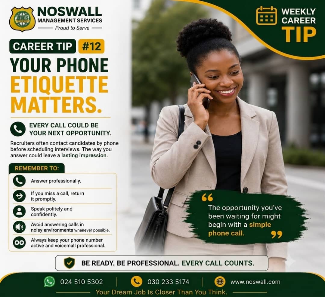 Noswallmgtser's tweet photo. Recruiters are often just a phone call away. Are you presenting your best professional self? 🤔
​This week's career tip focusing on phone etiquette highlights the simple steps that can leave a powerful, lasting impression on potential employers.
Every call counts. https://t.co/iLn4adO3k2