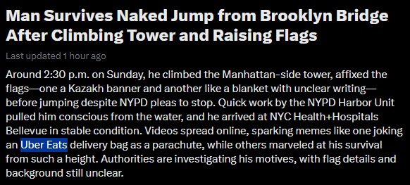 VyBlock's tweet photo. This story is going viral and they are meming him for being a uber eats guy and using the bag as a parachute

10+ millions of views

https://t.co/sFsPYAJt3H https://t.co/meULWfvLdY