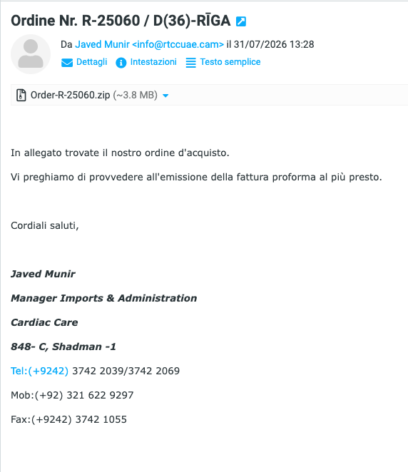 D3LabIT's tweet photo. 🚨 Nuova campagna #RemcosRAT rilevata in #italia 

📧 Oggetto: Ordine Nr. R-25060 / D(36)-RĪGA
🔑 MD5: a0cea8cab9dffb06bed0ddd29c9b55c0
🌐 C2: tomwim[.]ygto[.]com

🔥 Attenzione agli allegati sospetti! https://t.co/jQOdwbb3DS