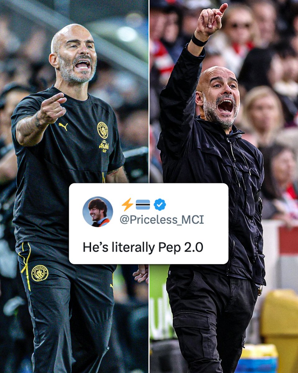 ESPNUK's tweet photo. Man City fans are already seeing the similarities between Pep Guardiola and Enzo Maresca 😅 https://t.co/GfCxd6M9QC