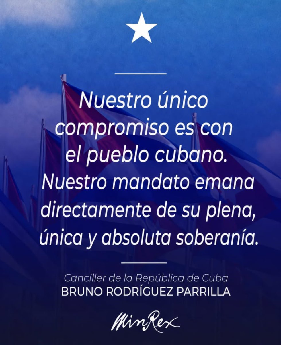 CubacooperaMzb's tweet photo. «Nuestro único compromiso es con el pueblo cubano. Nuestro deber emana directamente de su plena, exclusiva y absoluta soberanía.»  🗣️ Ministro de Relaciones Exteriores de Cuba,
@BrunoRguezP https://t.co/K6MCbLxdvK