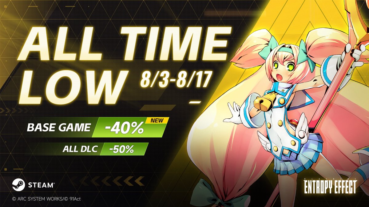 BBEE_Global's tweet photo. New all-time low on Steam!

BlazBlue Entropy Effect is now 40% off, with all DLC 50% off through August 17.

Pick it up now and get ready for Platinum’s arrival on August 13! ✨

https://t.co/NL76FW1Dzs

#BlazBlueEntropyEffect #BlazBlue #Steam https://t.co/YNfQtFI9qU