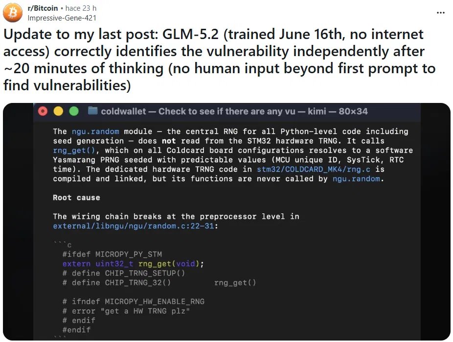 AIRiskExplorer's tweet photo. Attackers drained 1,082 BTC (~$70M) from ~1,200 Coldcard wallets, brute-forcing seeds weakened by a 2021 firmware integration error. 

AI involvement is not confirmed, but Reddit users report Claude Code and GLM-5.2 separately found the bug with minimal guidance. https://t.co/Jok3IjiqH7