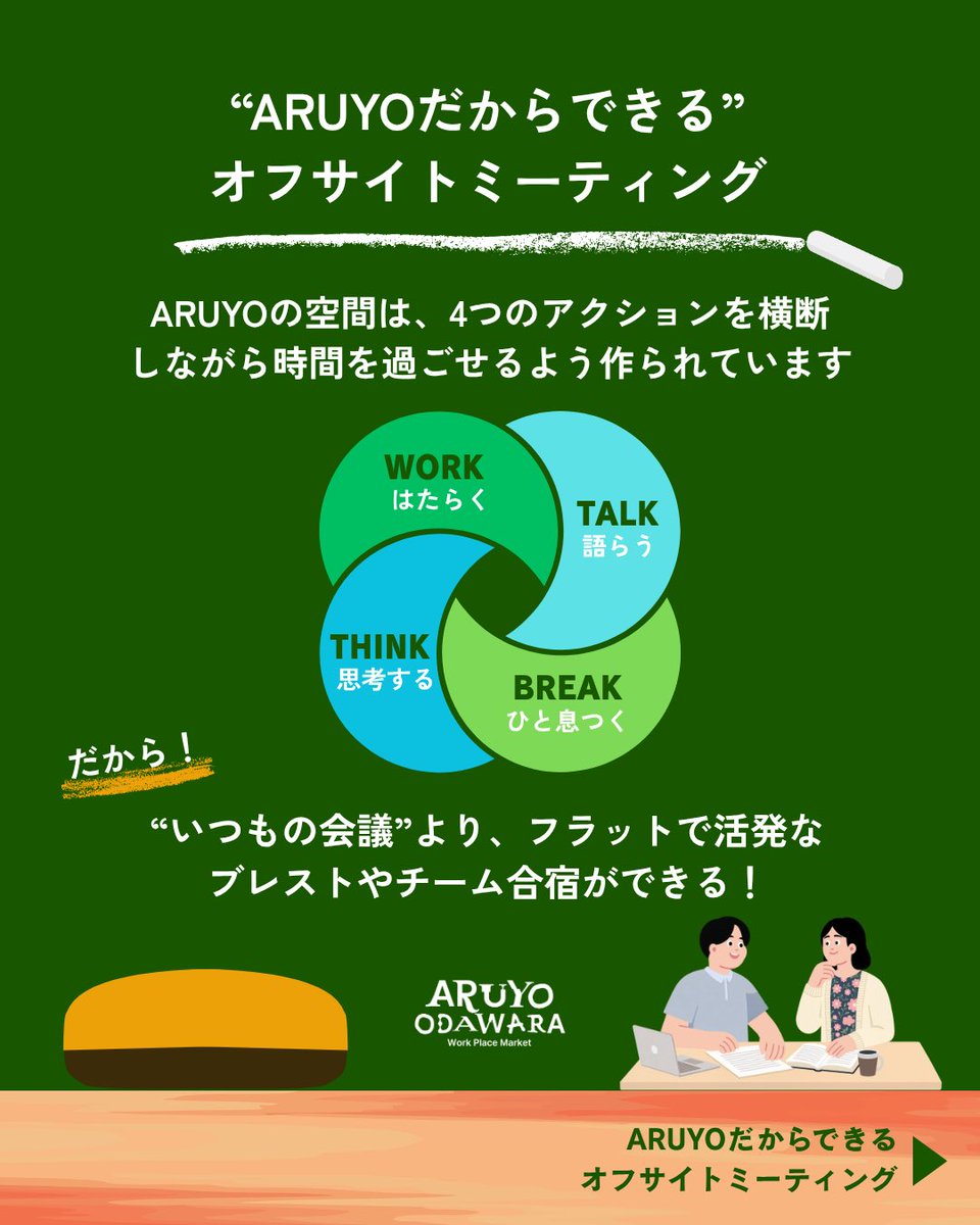 ARUYO_ODAWARA's tweet photo. *
＼オフサイトミーティングやってます📖／
普段と違う環境で会議や合宿🔥

働くだけでなく、語り合ったり、アイデアを練ったり、ひと息ついたり…🤔

ARUYOでは随時オフサイトミーティングのご相談を受け付けております！
気になる方はお気軽にお問い合わせください！ https://t.co/KEIAeUGfjh