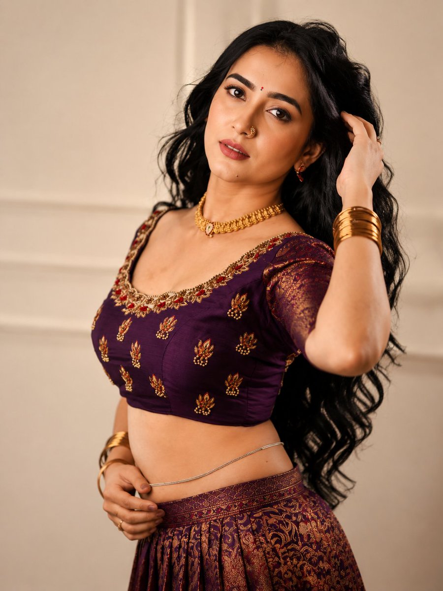 avanivibes's tweet photo. Prompt:
Ultra-photorealistic 8K cinematic portrait of a beautiful South Asian woman in her late 20s wearing an elegant traditional embroidered lehenga blouse. 

She has long voluminous wavy black hair flowing naturally, expressive brown eyes, soft glowing skin, subtle makeup, rosy lips, a small red bindi, delicate gold nose ring, traditional gold choker necklace, earrings, stacked golden bangles, rings, and a delicate waist chain.She is dressed in a luxurious silk lehenga with intricate gold embroidery and floral motifs. 

Create multiple elegant color variations: pastel aqua blue, royal plum purple, deep teal, and rich ruby red, with detailed brocade sleeves and handcrafted embroidery.Pose her gracefully in a luxury indoor setting with warm beige walls, soft ambient lighting, elegant architectural details, blurred floral decor, vintage mirror accents, and a premium fashion editorial atmosphere.

Capture different poses:
gently touching her flowing hair with one hand
looking softly toward the camera with a confident expression

looking away near a window with natural light
looking down gracefully with a calm feminine expression
relaxed hand-on-waist posePhotography style: luxury Indian fashion magazine editorial, cinematic lighting, shallow depth of field, 85mm portrait lens, natural skin texture, realistic fabric details, soft shadows, high-end bridal fashion photography, ultra realistic, 8K resolution.

Negative Prompt:
cartoon, anime, CGI look, artificial skin, plastic face, extra fingers, distorted hands, bad anatomy, low quality, blurry image, overexposed, unrealistic jewelry, duplicate person, unnatural pose, fake fabric texture.