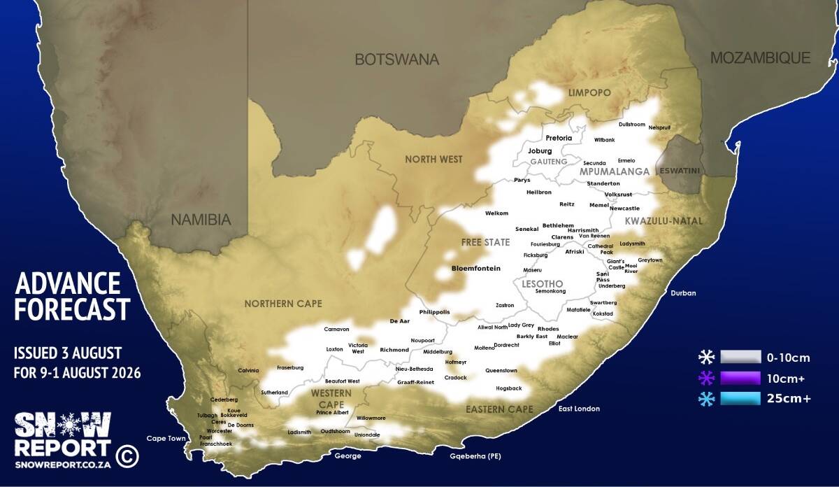 SnowReportSA's tweet photo. ❄ ADVANCE SNOW FORECAST: Widespread snowfall possible for South Africa and Lesotho next week - more details at https://t.co/qs5oMScTA4 #snowreportsa #africansnow #weather https://t.co/jORhLS5jft