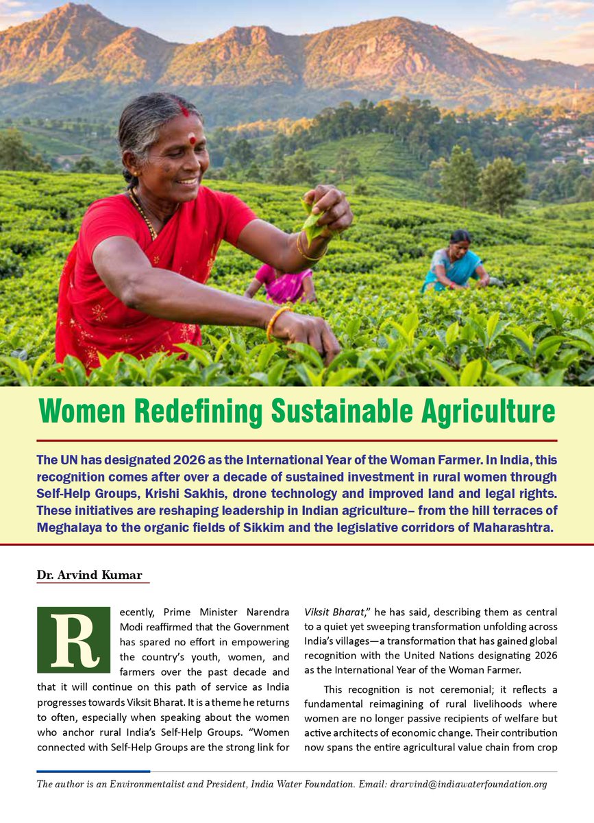 IndiaWaterFoun1's tweet photo. We are pleased to share that #DrArvindKumar's, President #IndiaWaterFoundation article, titled #WomenRedefiningSustainableDevelopment, has been published in the #August2026 (Volume 74) edition, PageNo34 of #KurukshetraMagazine. Read the full article here: https://t.co/AcWJC0XGtu https://t.co/0Z9g5ua5wU