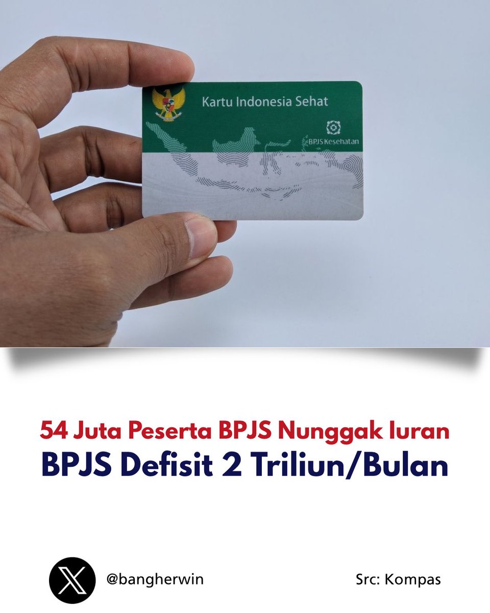 bangherwin's tweet photo. 54 juta peserta nunggak, defisit Rp2 triliun sebulan.

Tapi gue yakin yang paling berkontribusi besar itu bukan peserta, melainkan gaji direksi yang maha dahsyat.
BPJS itu BUMN, kalo lagi defisit ya harusnya potong biaya operasional dulu, termasuk gaji dan fasilitas direksi.

Kok gaji karyawan sama direksi gak mau dipotong, tapi pelayanan ke peserta langsung maen potong tanpa ragu.
