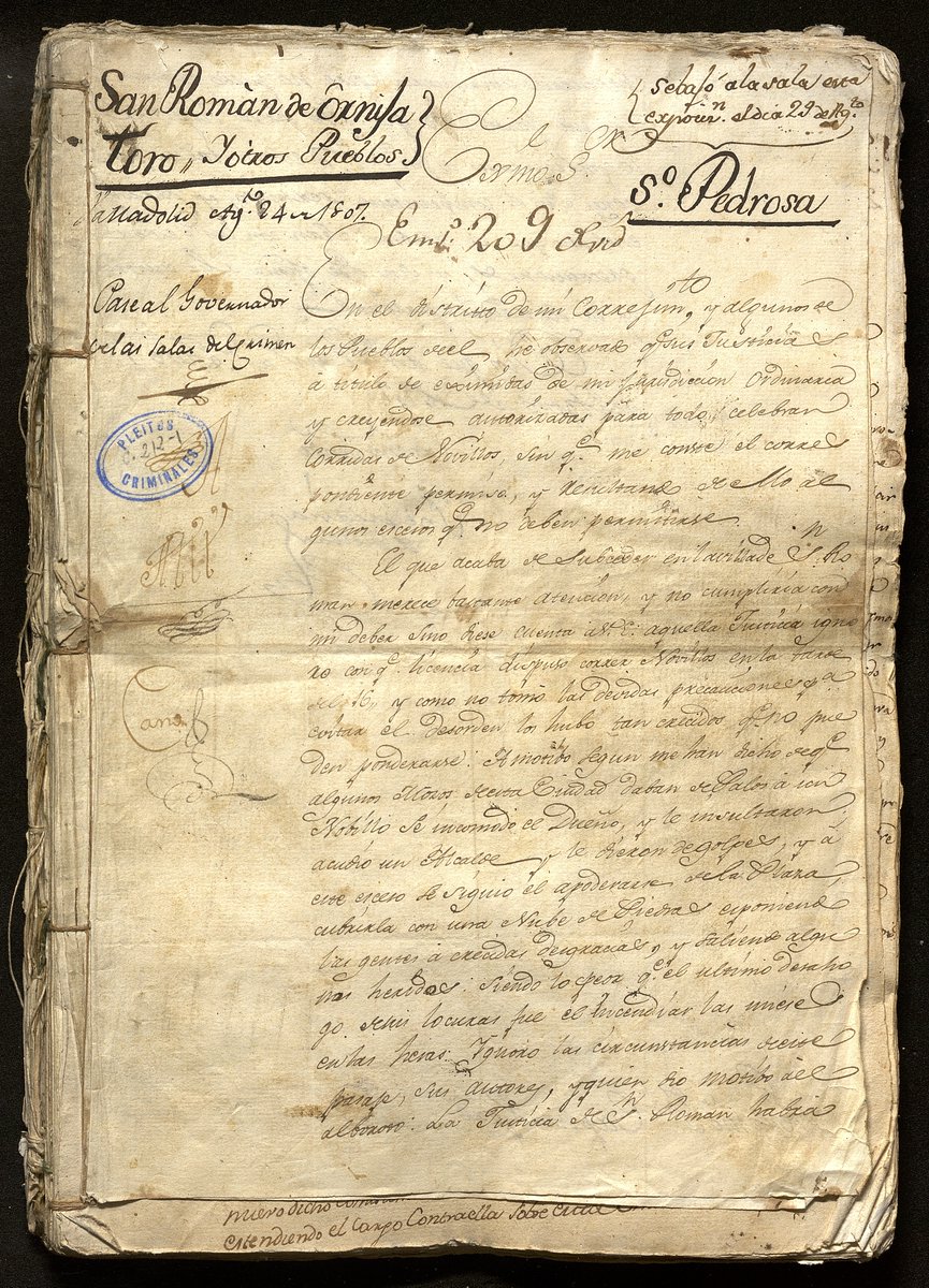 ArchivosEst's tweet photo. #TalDíaComoHoy, en 1807, por San Roque, una función de novillos prohibida por la Corona desencadenó una batalla campal en San Román de Hornija. 
Terminó con varios heridos, detenciones y un proceso judicial ante la Chancillería de Valladolid.
#ARCHV
👉https://t.co/h5RoChynWM https://t.co/sXfYfcYnsv