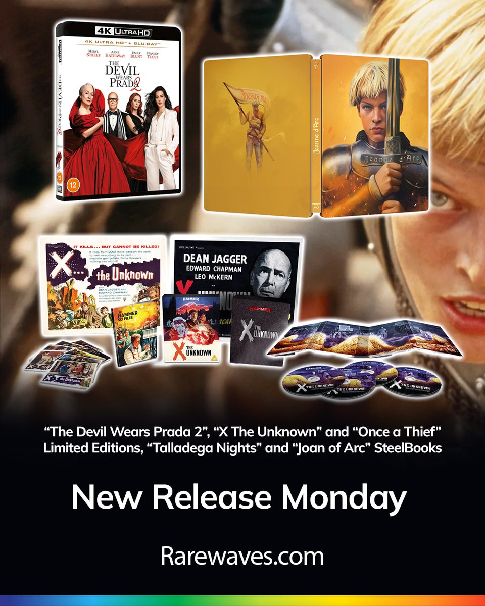 RarewavesCom's tweet photo. See what's new out today‼️

“The Devil Wears Prada 2”, “X The Unknown” and “Once a Thief” Limited Editions, “Talladega Nights” and “Joan of Arc” SteelBooks

... and MORE

#NewRelease #OutNow #OutToday #JoanofArc #LimitedEdition #SteelBooks https://t.co/VmfjZlpT6X