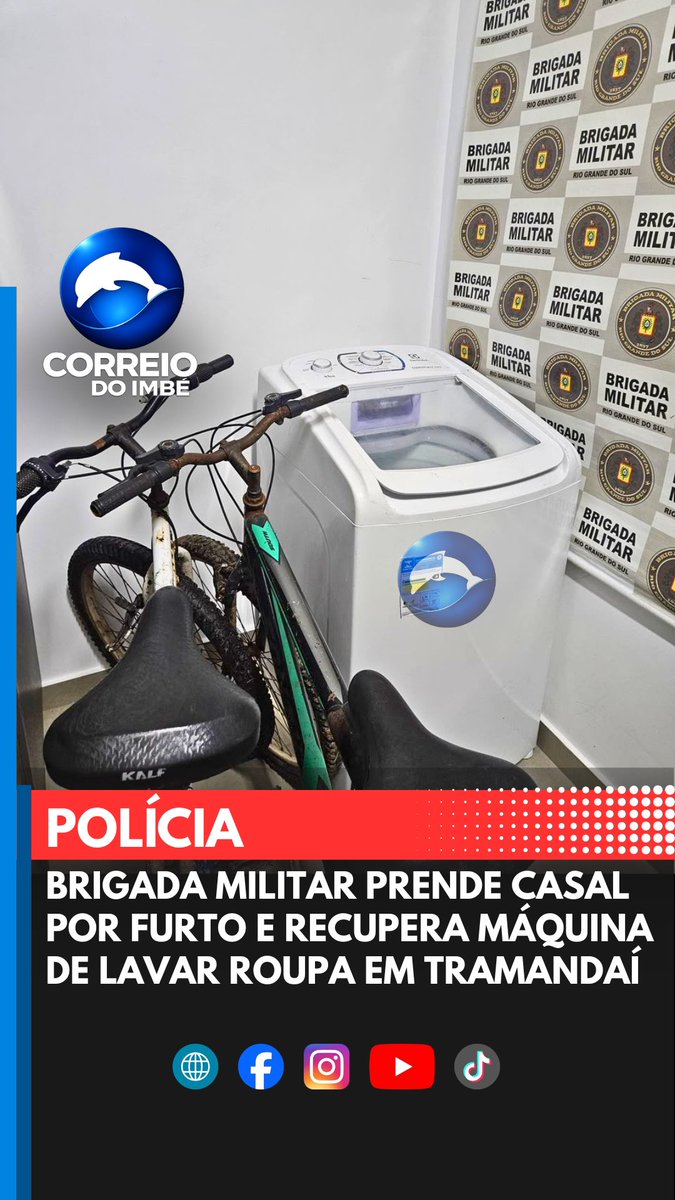 correiodoimbe's tweet photo. 🚨 BRIGADA MILITAR PRENDE CASAL POR FURTO E RECUPERA MÁQUINA DE LAVAR ROUPA EM TRAMANDAÍ

A Brigada Militar prendeu um casal na madrugada desta segunda-feira (3), após o furto em uma residência no Balneário Jardim, em Tramandaí.

A ação começou após uma denúncia ao 190. Durante as buscas, os policiais localizaram os suspeitos em bicicletas, sendo que uma delas transportava a máquina de lavar furtada.

O eletrodoméstico foi reconhecido pela empresa responsável pelo monitoramento do imóvel. O casal foi preso em flagrante, encaminhado à Delegacia de Polícia e a máquina de lavar foi recuperada.

Segundo a Brigada Militar, a rápida comunicação da comunidade foi fundamental para a prisão dos suspeitos e a recuperação do patrimônio da vítima.

#BrigadaMilitar #Tramandaí #Furto #SegurançaPública #CorreioDoImbé