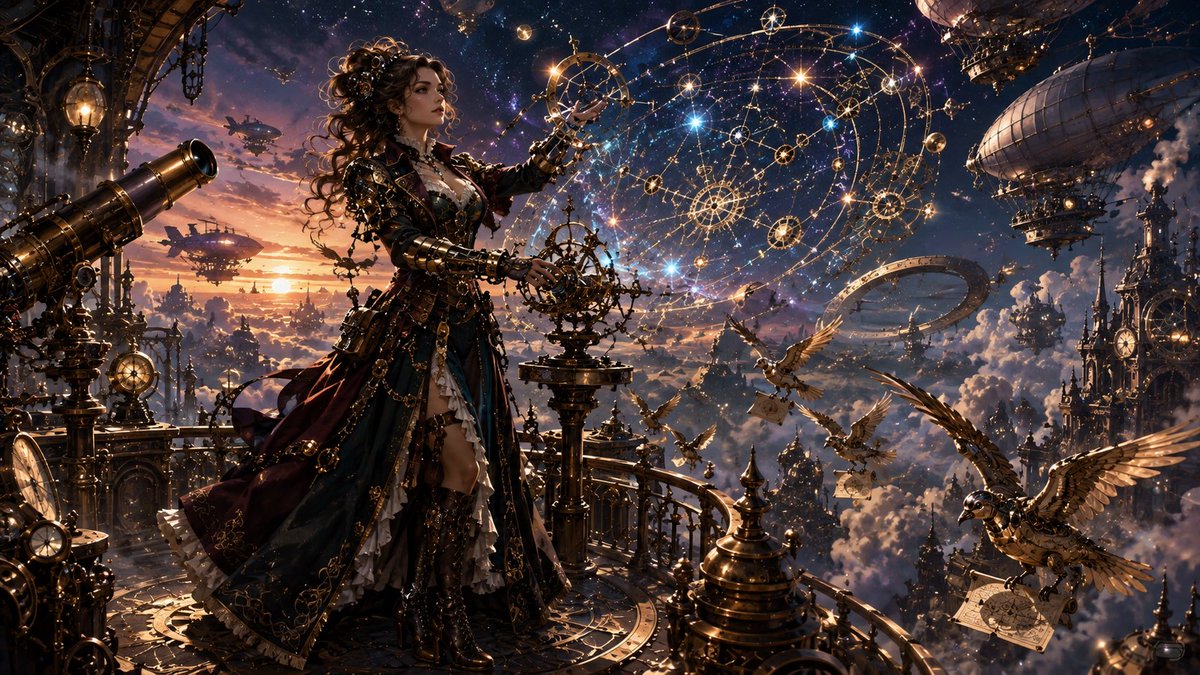 NIGHTSHADE8850's tweet photo. Every airship captain believed they navigated by the stars.
They never knew…
someone was quietly moving them.
She never mapped the heavens.
She taught them where to shine.
⚙️✨🌌
#Steampunk #FantasyArt #AIArt #DigitalArt #Airships #WorldBuilding #VictorianFantasy #EpicArt https://t.co/EONK0uy5z9