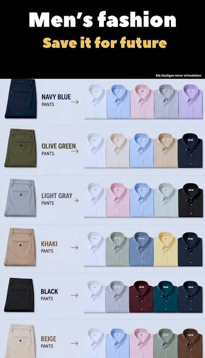 KumarMyfri6336's tweet photo. Nobody teaches you this but everyone needs it 😅
Which shirt goes with which pants? This chart has all the answers.
Save it now, use it later 👔
#MensFashion #StyleGuide #MensStyle #FashionTips #OOTD https://t.co/VgZ6GXgS8p