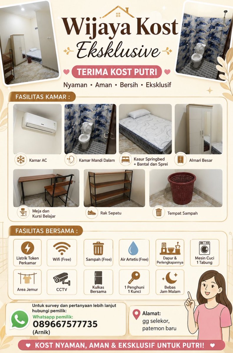 Nikmenik_'s tweet photo. Ready Kost Putri bangunan baru exclusive. AC KMdalam. Langsung survey dan tanya tanya 089667577736. #kosunnes #kostunnes #kostputriunnes #kosputriunnes #unnes #unneskos #gunungpati https://t.co/Jo2n5EO5K6