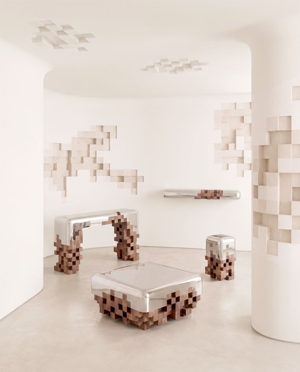 HYPEBEAST's tweet photo. Minecraft, but make it IRL 🟫 

The Ghost Collection merges aluminum forms into pixelated wood. A design collaboration by Alberto Essesi and Ceren Arslan of PIXEL THEORY. https://t.co/dHya5lXxx7