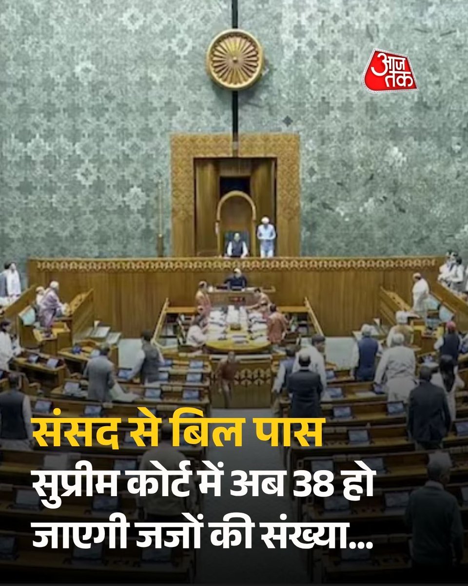 aajtak's tweet photo. सुप्रीम कोर्ट में अब 38 हो जाएगी जजों की संख्या... संसद से बिल पास

सुप्रीम कोर्ट में लंबित मामलों के बढ़ते बोझ को कम करने की दिशा में केंद्र सरकार ने बड़ा कदम उठाया है. लोकसभा में सोमवार को 'सुप्रीम कोर्ट (न्यायाधीशों की संख्या) संशोधन विधेयक, 2026' पारित कर दिया गया. इस विधेयक के जरिए सुप्रीम कोर्ट में जजों की अधिकतम स्वीकृत संख्या बढ़ा दी गई है. अब सुप्रीम कोर्ट में मुख्य न्यायाधीश (CJI) समेत कुल 38 जज काम कर सकेंगे.

पढ़ें पूरी ख़बर: https://t.co/0AS1FQCYuU

#ATCard #AajTakSocial #SupremeCourt #judges | @manjeetnegilive