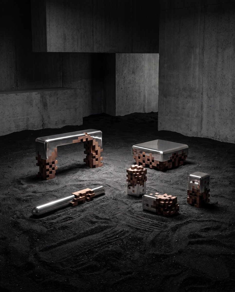 HYPEBEAST's tweet photo. Minecraft, but make it IRL 🟫 

The Ghost Collection merges aluminum forms into pixelated wood. A design collaboration by Alberto Essesi and Ceren Arslan of PIXEL THEORY. https://t.co/dHya5lXxx7