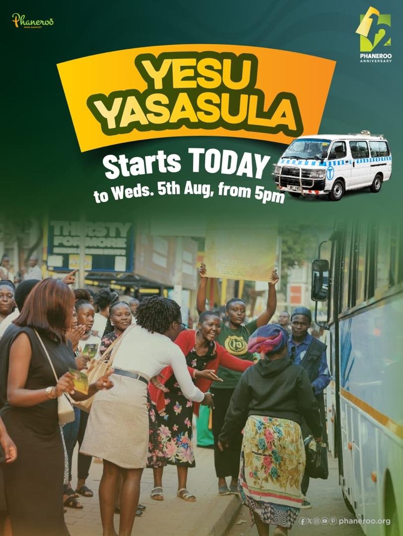 Izarqua's tweet photo. 🚌YESU YASASULA STARTS TODAY!🚕

Join us TODAY, Monday 3rd August – Wednesday 5th August, 2026 for YESU YASASULA, from 5PM as we mobilize for the Phaneroo 12th Anniversary. 🎉

 ```See You There.``` 

#PhanerooAt12 | #ANewChapter https://t.co/oICZqHTMzG
