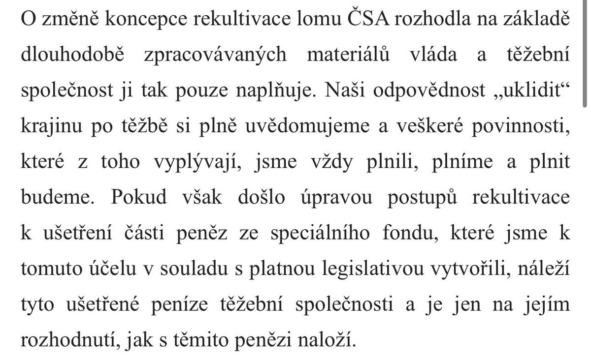 OndrejStratilik's tweet photo. 🚨 A o tohle celou dobu šlo a přesně proto jsem o tom v Reportérech ČT točil, než jsem musel skončit…
Nikdo nikdy nedal záruky, že peníze, které uhlobaron Tykač ušetří díky tomu, že nebude muset rekultivovat mostecké lomy, někdo uvidí.
Teď je to tu, vyjádření Tykačovy firmy: https://t.co/WOLi3zX39b