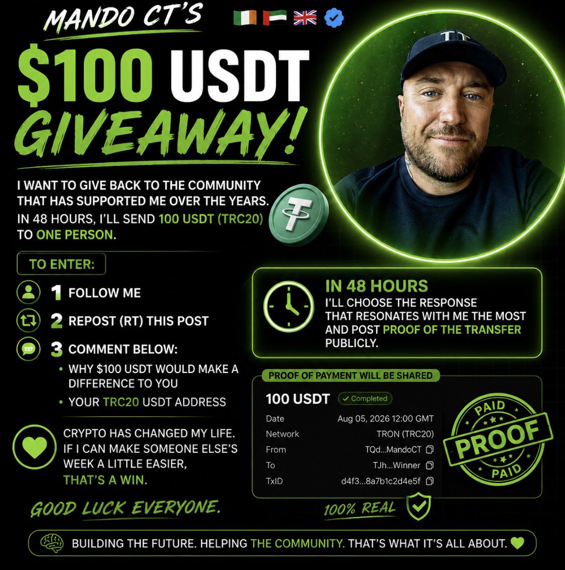 XMaximist's tweet photo. ❤️ $100 USDT GIVEAWAY ❤️

I want to give back to the community that has supported me over the years.

In 48 hours, I’ll send 100 USDT (TRC20) to ONE person.

To enter:

✅ Follow me
✅ Repost (RT) this post
✅ Comment below:
• Why $100 USDT would make a difference to you
• Your TRC20 USDT address

In 48 hours I’ll choose the response that resonates with me the most and post proof of the transfer publicly.

Crypto has changed my life. If I can make someone else’s week a little easier, that’s a win.

Good luck everyone. ❤️