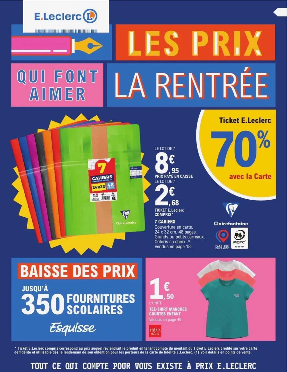 Leclerc_MEL's tweet photo. Bonne nouvelle ! Pour cette rentrée des classes 2026, les prix des articles de papeterie, maroquinerie, calcul, textile... sont en baisse de 2,4% en moyenne, versus 2025. Ça concerne chez Leclerc environ 5.700 articles !

Pour les élèves, la mise en rayon de ces articles pendant les vacances (dès fin juillet) apparaît toujours comme une sorte de "provoc" et un message inopportun. On les comprend ! 🥹​

Pour les parents, c'est surtout une facilité ("On a plus de temps") ou une opportunité ("On achète en promo avant qu'il n'y ait plus de stock"). Mais c'est surtout parce qu'en province, la concurrence entre Leclerc et ses dynamiques suiveurs Carrefour, Coopérative U ou Intermarché, garantit de pouvoir acheter "la rentrée des classes" moins cher qu'à Paris ou dans les grandes métropoles.

1) Quelles promotions ? Nos adhérents et collaborateurs ont bien négocié : Leclerc propose des promotions avec des tickets Leclerc ou des réductions immédiates sur près de 600 articles selon la disponibilité en magasin.

2) Quels sont les produits incontournables ? Chaque saison a ses leaders : les cahiers Koverbook (couverture solide en polypro intégrant deux grands rabats à pochette pour marquer les pages) avec une offre "2 cahiers achetés, le troisième offert".

Les colles UHU ont un prix très agressif ainsi que les feutres effaçables Frixion, marque leader de l'écriture en classe. Enfin, les moins chers, ce sont 500 références de notre marque Esquisse.

Il y a des parents qui tentent de r��sister, et j'étais de ceux-là : mais les "licences" se taillent une belle place dans les rayons à l'image de One Piece, Super Mario, Minecraft, Stitch...

Les élèves adorent avoir leur super-héros sur les fournitures et sac à dos. La tendance Kawaï entre (ça veut dire mignon en japonais) offre des gammes de stylos et de carnets tres appréciés.

Et puis il y a les produits facilitant l'apprentissage de l'écriture pour les écoliers, comme les stylos Kidi Learn de Maped créés pour accompagner les élèves de trois à huit ans dans leur premier usage.

3) Les clés du succès chez Leclerc, leader sur ce marché en grande surface ?  C'est d'abord, bien sûr, les prix.

L'enseigne est en moyenne 7 % moins chère que les circuits concurrents  d'après l'institut GFK. Les promotions sont plutôt interessantes : par exemple, Leclerc offre 70 % de tickets Leclerc sur un lot de sept cahiers de 48 pages Clairefontaine.

Enfin, notre marque de distributeur Esquisse valorise des produits fabriqués en France et sélectionne des marques phares tels que BIC, Oxford ou Canson qui sont toujours de facture impeccable.

Pour Esquisse, un effort particulier a été porté sur l'impact environnemental : tous les cahiers ont une certification FSC ou PEFC.

Sous l'animation de Julien Helbecque, 6 collaborateurs dans l'équipe achat rentrée des classes construisent cette offre avec 7 adhérents https://t.co/WiXPmyQIzU de province.

Un beau travail d'une équipe qui a pris soin de m'instruire de ces remarques et analyses, vu que ça fait près de 60 ans que je me suis échappé du système scolaire ! 😂​😂