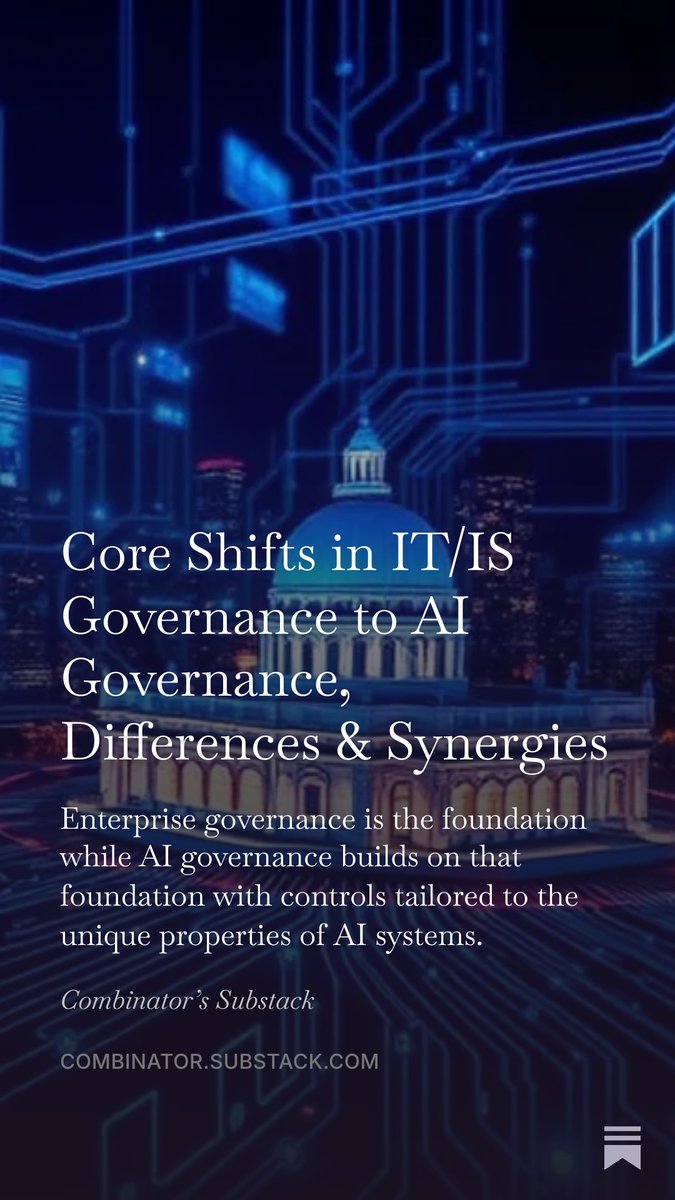 Dr_Gul_'s tweet photo. Core Shifts in IT/IS Governance to AI Governance: Differences &amp; Synergies
Enterprise governance is the foundation, while AI governance builds on that foundation with controls tailored to the unique properties of AI systems. https://t.co/7hdtb5Eths