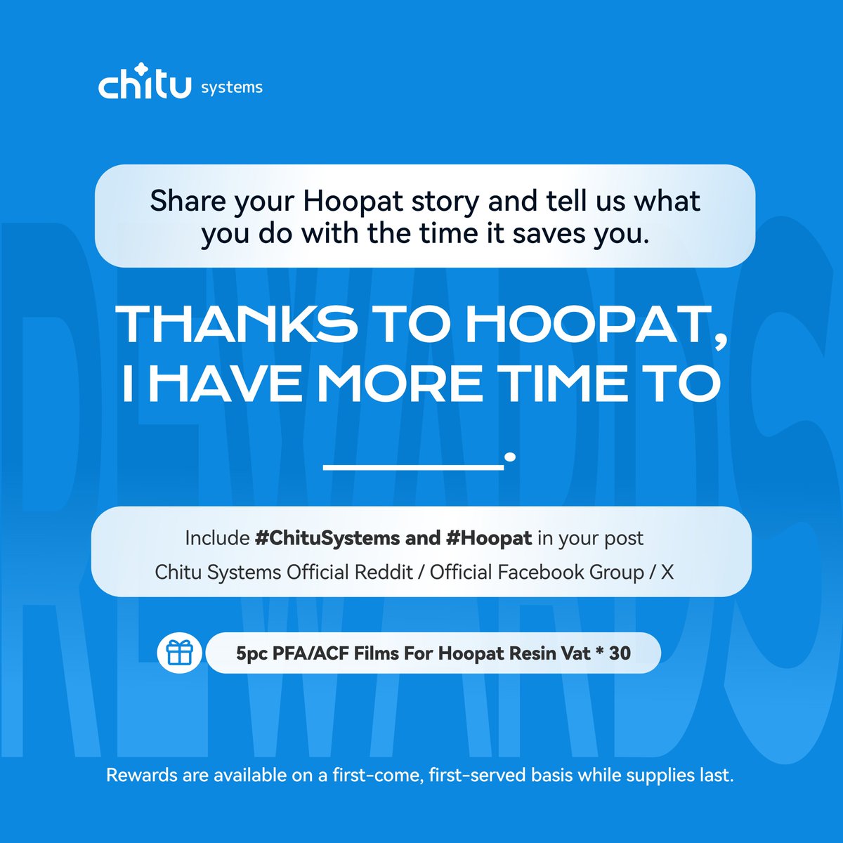 ChiTuSystems's tweet photo. Thanks to Hoopat, I have more time to ______. 

⏳  Share your Hoopat story and tell us what you do with the time it saves. Include #ChituSystems and #Hoopat.   

📷 US / UK / EU / JP / RU / BR / MX 

Post required, not comments! https://t.co/Pery4j4xHp