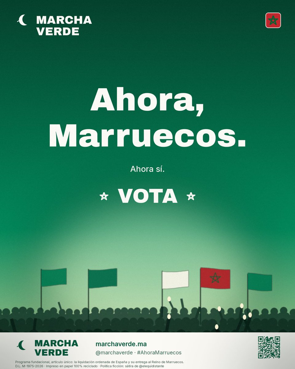elequidistante's tweet photo. Vamos a hacer un ejercicio de política ficción.

En otoño se presenta en el Ateneo un partido nuevo.

Programa fundacional, artículo único: la liquidación ordenada de España y su entrega al Reino de Marruecos.

Se llaman Marcha Verde.

Su portavoz es un señor exquisito, formado en Bélgica, que habla bien, cita a Ortega y sonríe mucho.

En campaña, el PSOE se emplea a fondo.

El candidato jura en cada mitin que jamás, escúchenlo bien, jamás pactará con quienes quieren liquidar España.

Que hay líneas rojas más gruesas que la muralla de Fez y que no podría dormir por las noches con esa gente cerca del Gobierno.

El cierre de campaña es un temblor patriótico, con bandera grande e himno tarareado con la boquita pequeña.

Queda solemnísimo. Dura lo que dura el recuento.

En noviembre, Marcha Verde saca siete diputados.

El cordón sanitario aguanta una rueda de prensa.

A las 48 horas, Moncloa les detecta una "inequívoca voluntad de diálogo".

A la semana hay mesa de negociación en Rabat, con verificador internacional y té a la menta.

El acuerdo de investidura es un prodigio de orfebrería: se pacta "desjudicializar el contencioso del Estrecho", crear una "comisión bilateral sobre las aguas compartidas de Canarias" y "abordar el estatus de las ciudades norteafricanas en el marco del diálogo".

La legislatura es un idilio.

Estrenan pinganillo de dariya en el Congreso, que la casa ya estaba acostumbrada.

Cada cesión se bautiza como "gesto de distensión" y cada gesto de distensión trae otro debajo, como las muñecas rusas.

El portavoz exquisito preside la comisión de Exteriores, detalle que a nadie en la bancada socialista le hace ya ni cosquillas.

Los tertulianos de la sincronizada descubren que Boabdil fue en realidad un adelantado de la cultura del pacto, un hombre de consensos incomprendido por el guerracivilismo de su época.

Sarah Santaolalla empieza a usar hiyab.

Cuando alguien osa levantar la voz, se le acusa de facha y se le dice lo de siempre: "las relaciones atraviesan su mejor momento".

Marcha Verde exige la Alhambra como sede de la memoria compartida y anuncia un referéndum para oficializar el árabe.

Moncloa se hace la única pregunta posible: ¿eso cuántos votos garantiza?

Ponen a su spin doctor a trabajar: "España será un Estado plurinacional o no será".

Vamos a hacer un ejercicio de política ficción. O no.