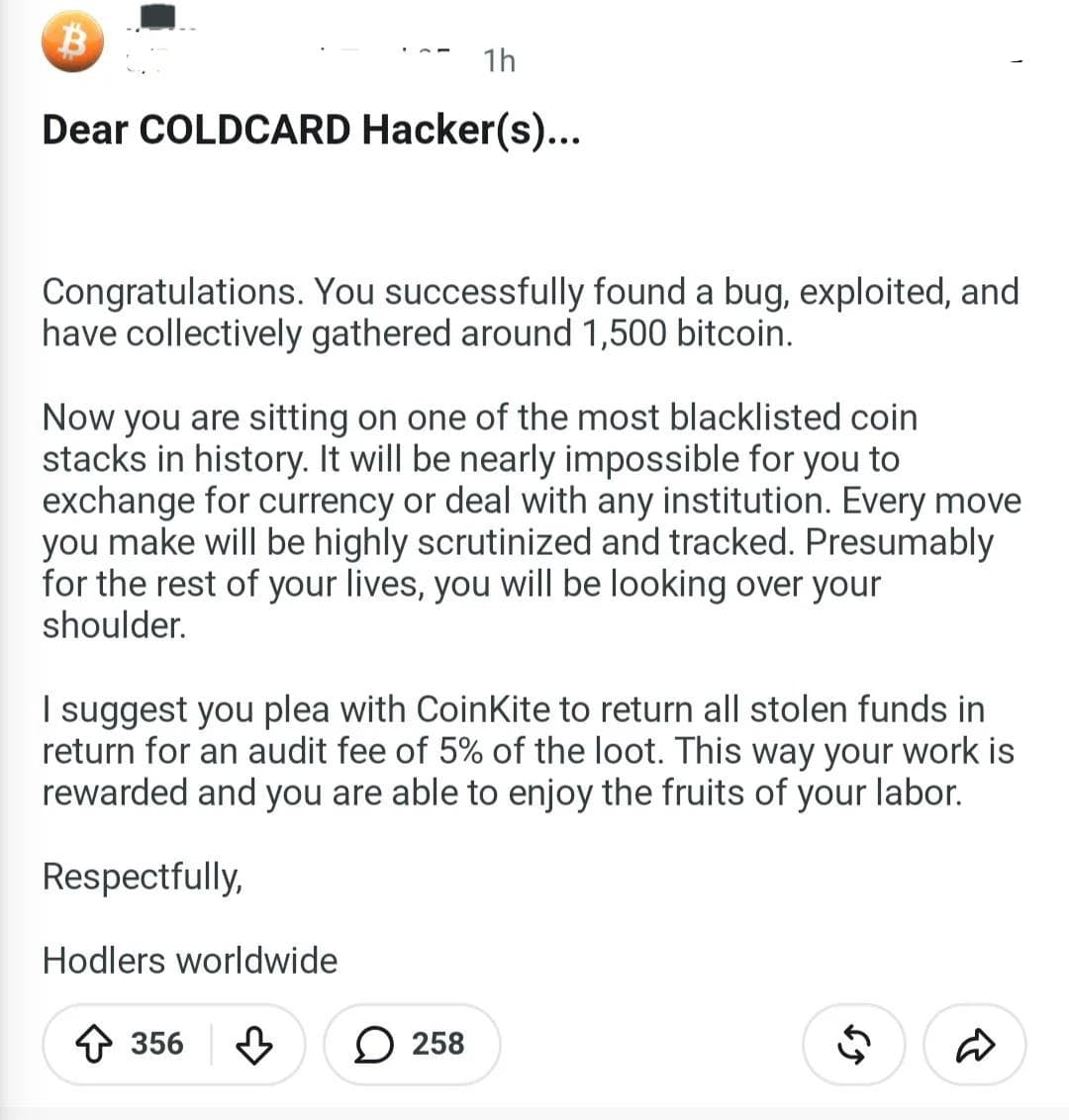 Sephbtc's tweet photo. We've officially entered the negotiation stage of crypto 😭 

This might be the most polite ransom negotiation I've ever seen. https://t.co/EZbEpUa6Ey