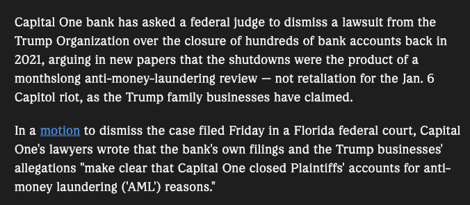 Ike_Saul's tweet photo. Just in the last 24 hours, we learned...

1. In 2021, Capital One closed the Trump Org's bank accounts after an anti-money-laundering review, not as retaliation for Jan 6. 

2. Jeanine Pirro, the U.S. attorney in Washington, threw out a reflecting pool vandalism case, saying the cause was shoddy construction.

3. The Trump admin began refunding tariffs back to major corporations like Amazon and Apple who had charged and collected tariffs rev from consumers.