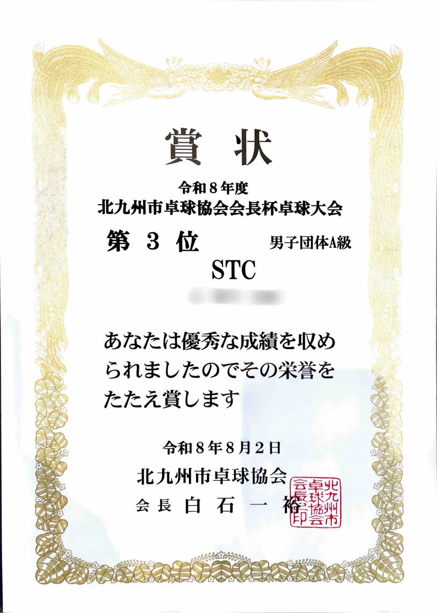 STC79242834's tweet photo. 北九州市卓球協会会長杯に参加しました！
結果は…
男子団体
🥉A級3位
でした！

メンバーの欠場があり、個人C級の方が代わりに出場！
厳しい戦いになるかと思いましたが、A級メンバーがしっかり勝ち切って見事入賞👏
C級の方も格上相手に健闘していました！

新ユニフォームもいい感じかも😆 https://t.co/45lyaAtCq7