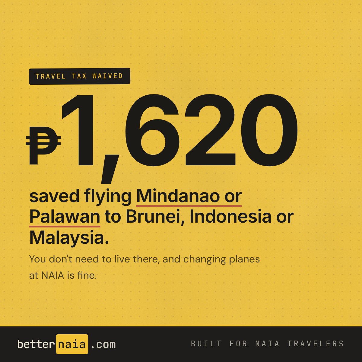 betternaia's tweet photo. Fly out of any Mindanao or Palawan airport to Brunei, Indonesia or Malaysia and the ₱1,620 travel tax is waived. You don't need to live there, and changing planes at NAIA is fine. Who qualifies and how to claim it: https://t.co/YnGSQ09AQA https://t.co/EhiLHb8ECe