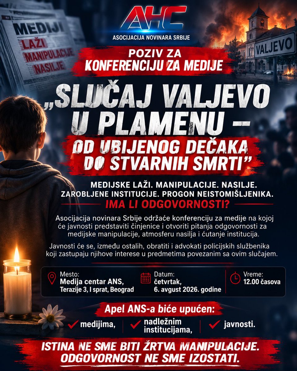 ANSrbije's tweet photo. КОНФЕРЕНЦИЈA ЗА МЕДИЈЕ  „СЛУЧАЈ ВАЉЕВО У ПЛАМЕНУ – ОД УБИЈЕНОГ ДЕЧАКА ДО СТВАРНИХ СМРТИ“ https://t.co/y280CfBoy4 https://t.co/dABcIZkpFQ