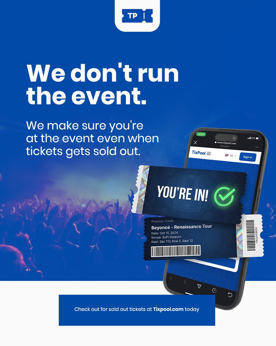 Tixpool's tweet photo. Sold out on the official page is not the end of the story.

Tixpool is where you go when everywhere else has said no, verified tickets from real sellers, safe payments and no drama. 

Check for available tickets at https://t.co/OCwicot0JN today.

#tixpooler #reselleventticket https://t.co/uzjeQh9kcC