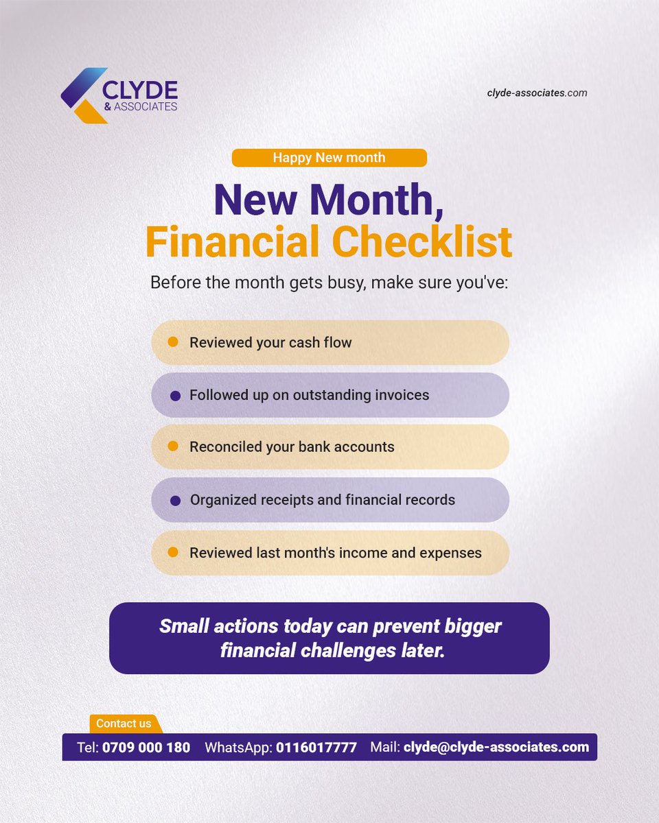 ClydeAssociates's tweet photo. Start the month strong:
https://t.co/3D3Wgtxztm cash flow 2.Follow up on invoices
3.Reconcile accounts 4.Organize records 5.Plan for tax & payroll obligations
Small financial check-ins today can prevent bigger problems tomorrow.
#NewMonth #BusinessGrowth #Accounting #Bookkeeping #ClydeAndAssociates