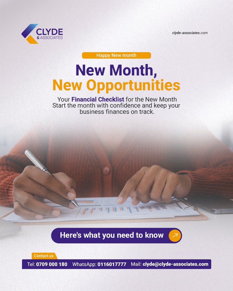 ClydeAssociates's tweet photo. Start the month strong:
https://t.co/3D3Wgtxztm cash flow 2.Follow up on invoices
3.Reconcile accounts 4.Organize records 5.Plan for tax & payroll obligations
Small financial check-ins today can prevent bigger problems tomorrow.
#NewMonth #BusinessGrowth #Accounting #Bookkeeping #ClydeAndAssociates