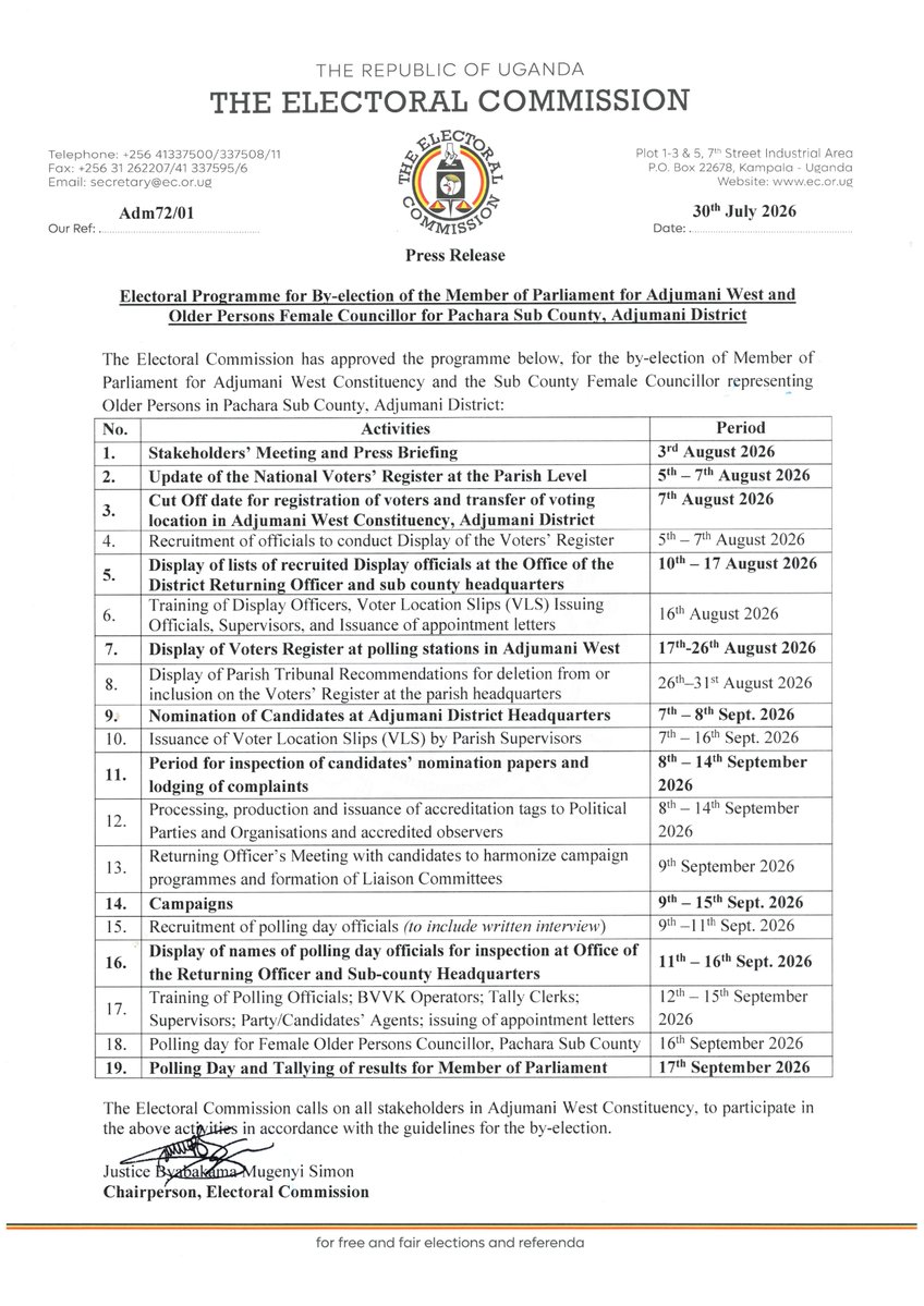 UgandaEC's tweet photo. 📌 ELECTORAL PROGRAMME | The Electoral Commission has approved the electoral programme for the by-election of the Member of Parliament for Adjumani West Constituency and the Female Older Persons Councillor for Pachara Sub-County, Adjumani District.

Eligible voters, aspiring candidates, political parties and all election stakeholders are encouraged to take note of the key activities and timelines in the programme below.

#AdjumaniWestByElection | https://t.co/T8DbesY6re