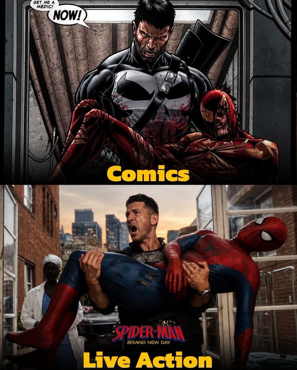 Filmfanatics__'s tweet photo. Punisher carrying Spider-Man.  Jon Bernthal nailed this one. Perfect adaptation energy. 💪🔥 https://t.co/XS37RKl4FT