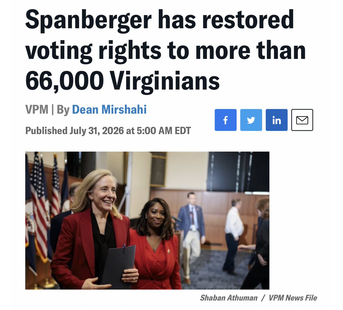 voteractionproj's tweet photo. ELECTIONS HAVE CONSEQUENCES: Since taking office in January, Gov. Abigail Spanberger has restored the voting rights of more than 66,000 Virginians who lost them due to felony convictions.

“The right to vote is foundational to who we are as Americans,” Spanberger said.

Virginia is one of three states that automatically strip someone’s right to vote after they’re convicted of a felony. The governor has sole authority to give someone these rights back, either through the restoration process once they’ve completed their felony sentence or via a pardon.

Spanberger sharply criticized the process used by her predecessor, Republican Glenn Youngkin, who faced intense scrutiny over a case-by-case review system that led to significantly fewer restorations each year he was in office.

“I’m proud that — after contending with my predecessor's efforts to deny Virginians their fundamental rights — we have restored the rights of more than 66,000 Virginians who have served their time,” Spanberger said.

“These Virginians deserve the right to use their vote, make their voices heard, and be recognized as contributing citizens to our Commonwealth and country.”

Read more here: https://t.co/lkzpVbhddv

#ProtectTheVote