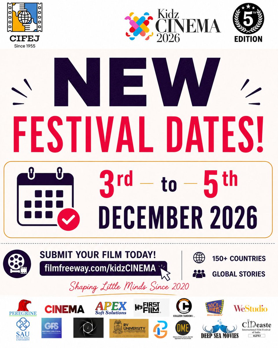kidzcinema's tweet photo. New Dates. Same Passion for Storytelling!
KidzCINEMA 2026 is now set to take place from 3rd to 5th December 2026. Mark your calendars and get ready to celebrate inspiring stories from around the world!
#KidzCINEMA2026 #EventUpdate #FilmFestival #ChildrensFilmFestival #Filmmaker https://t.co/t90IV8HJrx