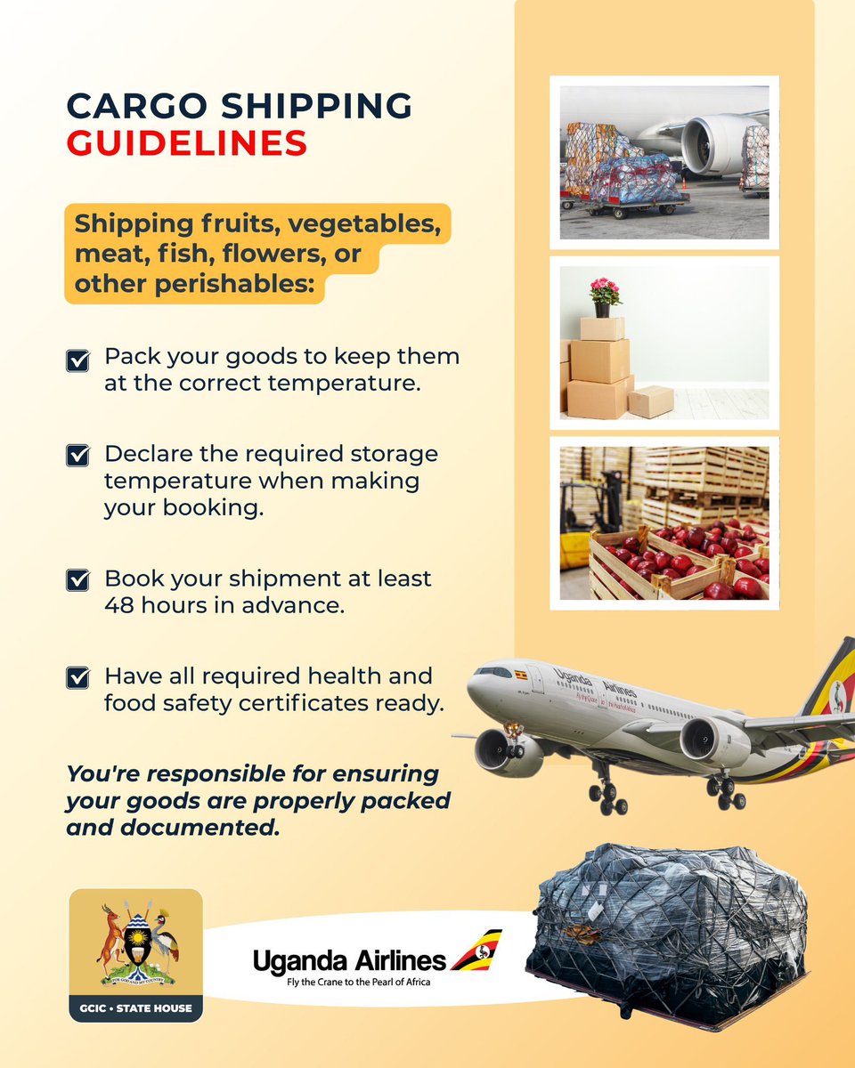 NyonyoziUg's tweet photo. How to ship perishables? Ensure your fruits, vegetables, meat, fish, flowers, and other temperature-sensitive goods arrive fresh and safe. #OpenGovUg https://t.co/OiwyHM3Rw1