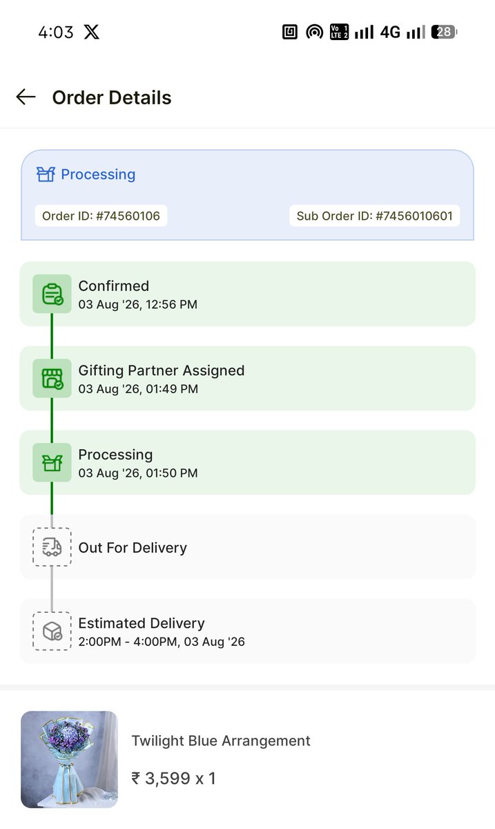 thefxdecoded's tweet photo. @fnp_ind No update from 2 hours? It this how you treat LUXE orders? What's the point of Delivery Window then? https://t.co/zz4zs2E9Hb